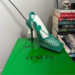Turquoise fishnet strap bottega heels